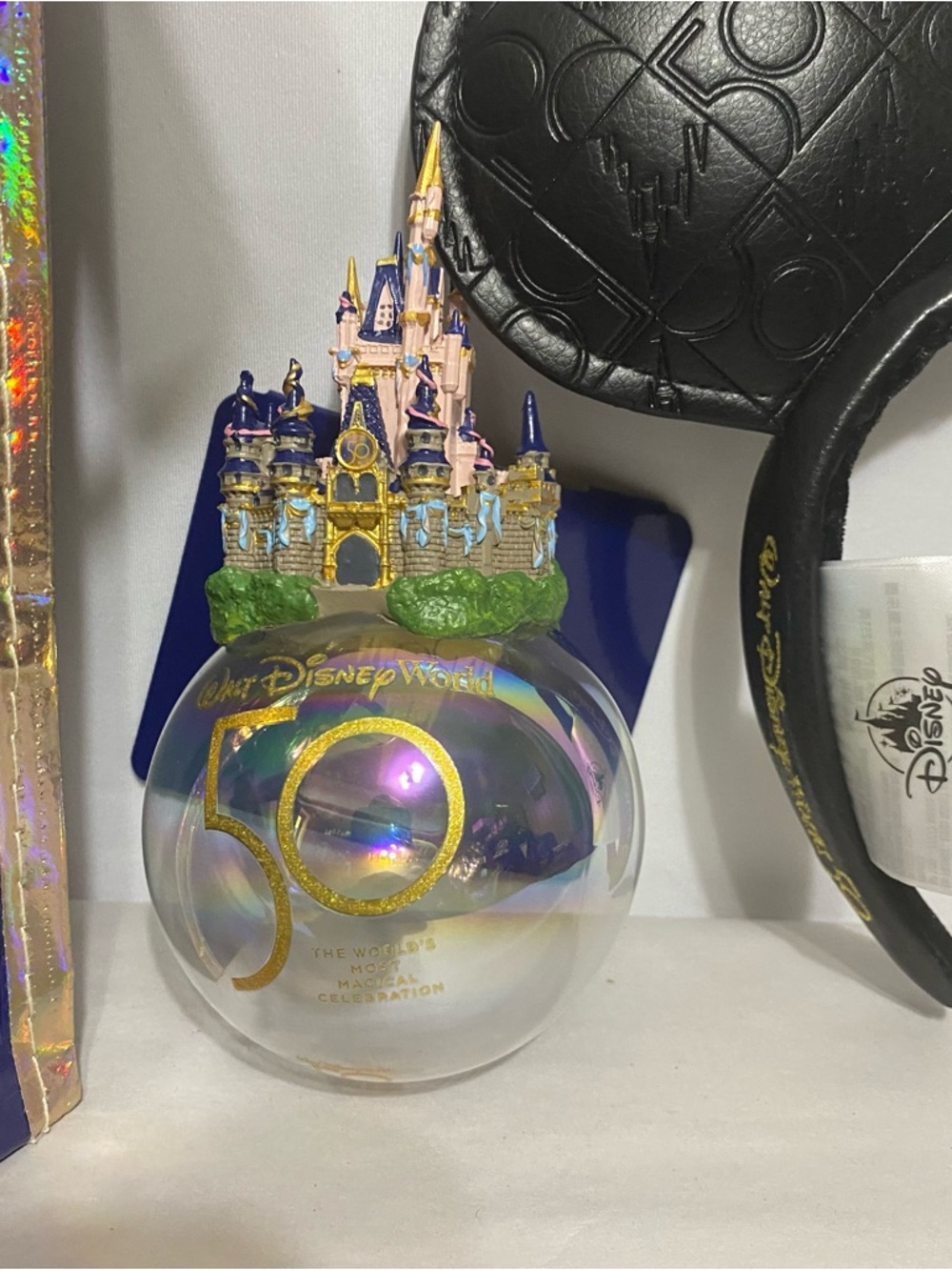 Disney World 50th Anniversary Black Pleather Ears, Castle Ornament And Bag - Picture 3 of 7